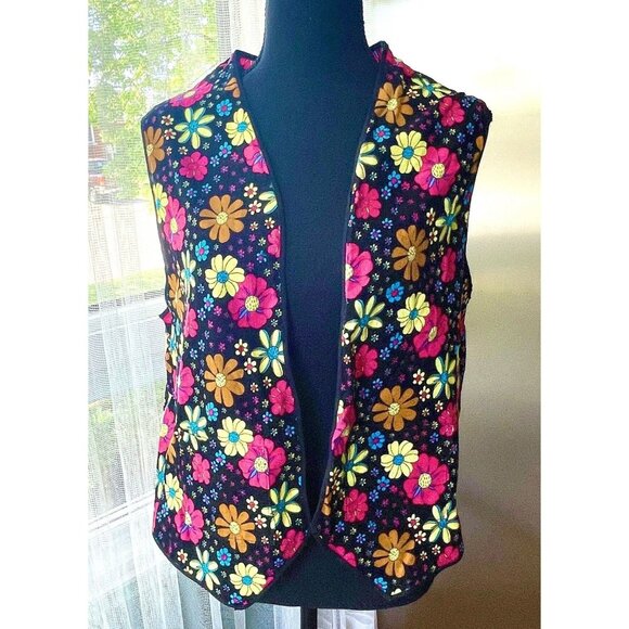 Vintage hippie vest, black, yellow, orange, hot pink crazy daisies, flower power - Picture 1 of 10